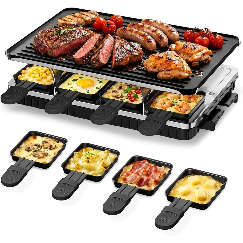 Raclette Grill Table - ラクレットテーブルグリル、2-in-1韓国式BBQグリル＆電気グリドル、1300W、8つの保温トレイ、リバーシブルノンスティックプレート、クレープメーカー