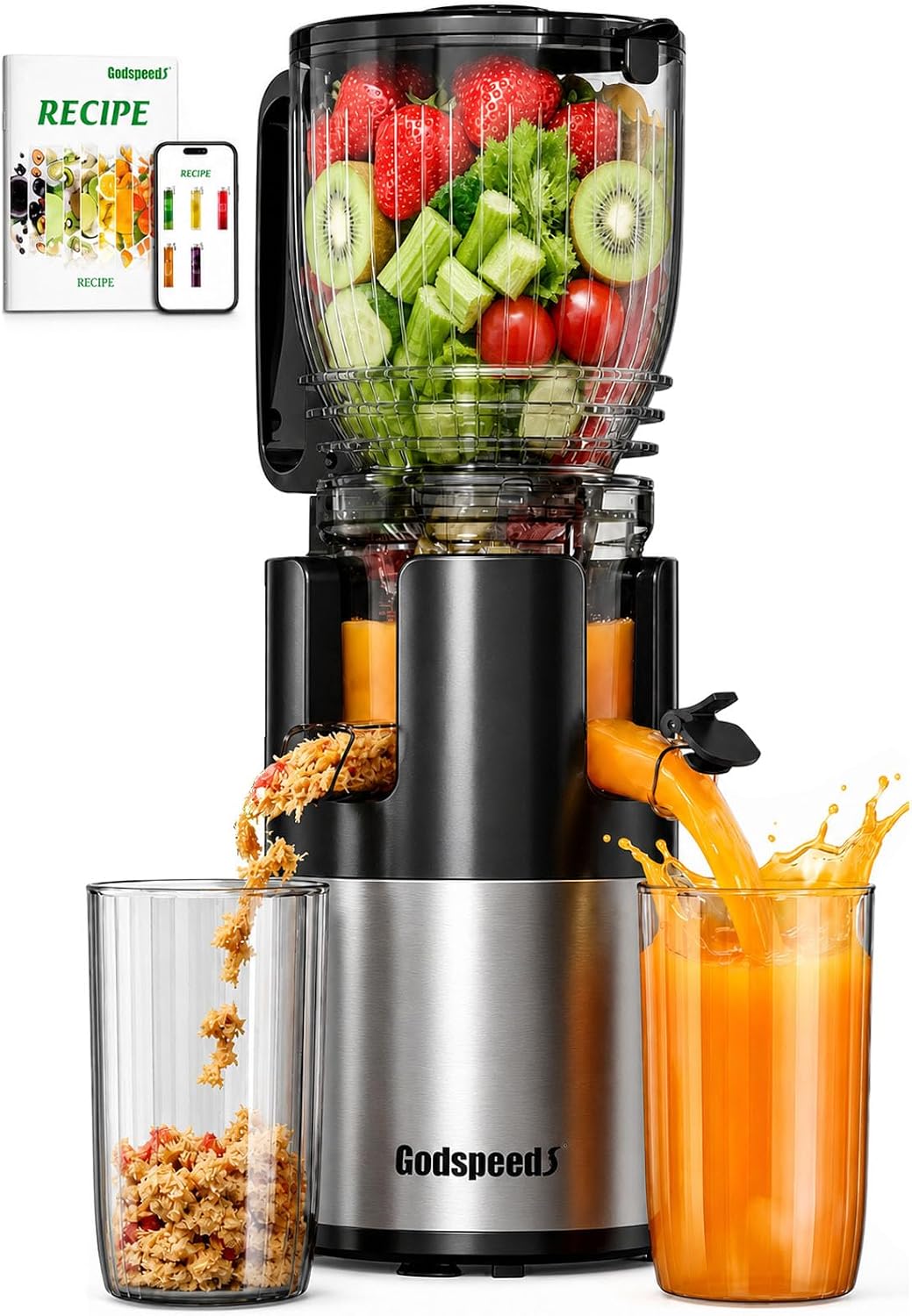 Juicer Cold Press Slow - 5.8インチの大型投入口を備えた低速咀嚼式コールドプレスジューサー、果物や野菜を丸ごと投入できる高ジュース収量、お手入れ簡単