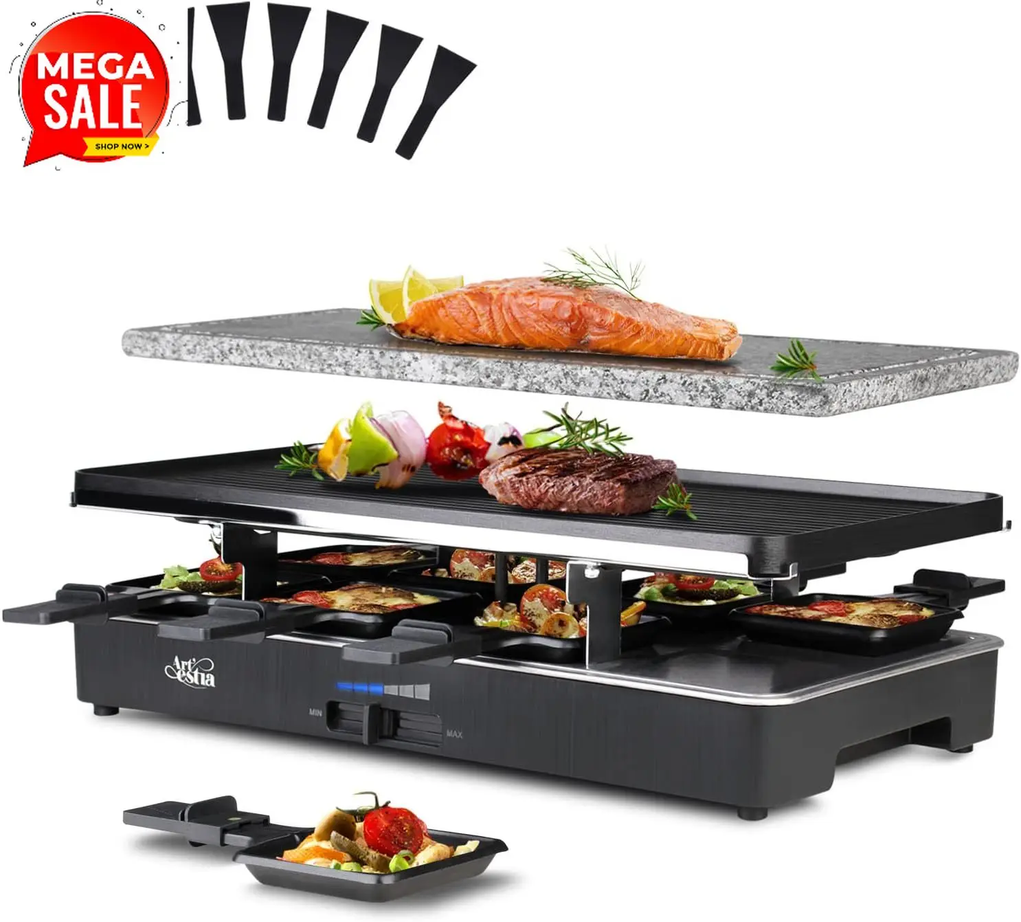 Raclette Grill Table - 1700W ラクレット電気パーティーグリル（6～8人用） | 韓国式バーベキューテーブルグリル＆ラクレットチーズメルティンググリル、ノンスティック