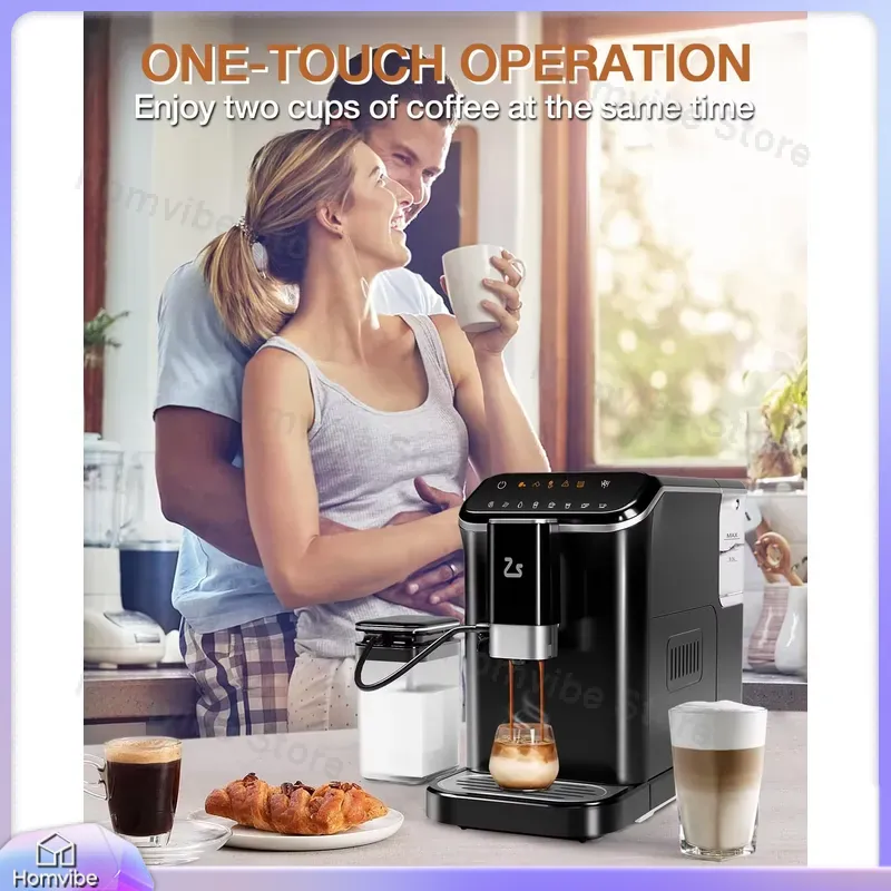 Milk Frother Automatic - 20バール全自動エスプレッソマシン、グラインダーとミルクフォーマー内蔵、ワンタッチ6種類のコーヒーレシピ、1.5L水タンク