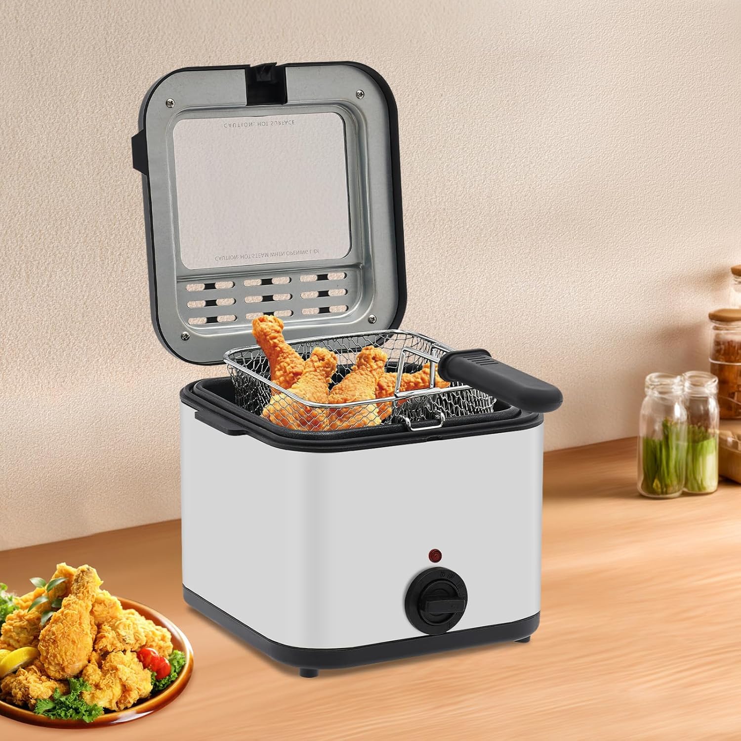 Kitchen Appliances Electric - カウンタートップ電気フライヤー、2.64クォート 1000W ステンレススチール製フライヤー、バスケット付き、温度調節可能＆火傷防止ハンドル、家庭用実用的なキッチン家電