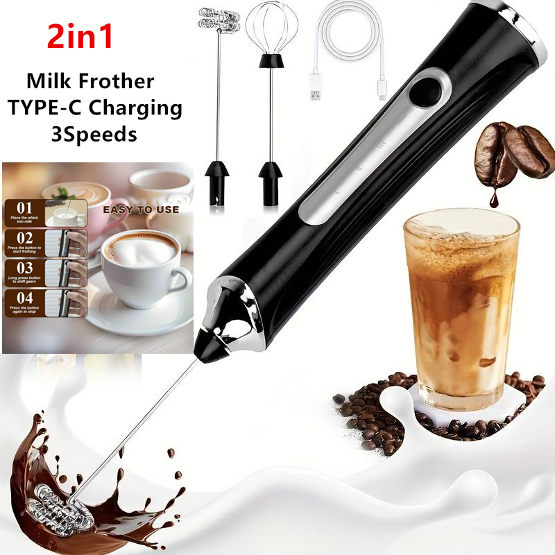 Milk Frother Automatic - ワイヤレス電動ミルク泡立て器と卵ビーター、タイプC 3段階速度調整ミニハンドヘルドコーヒー泡立て器、泡立て器、調理ツール